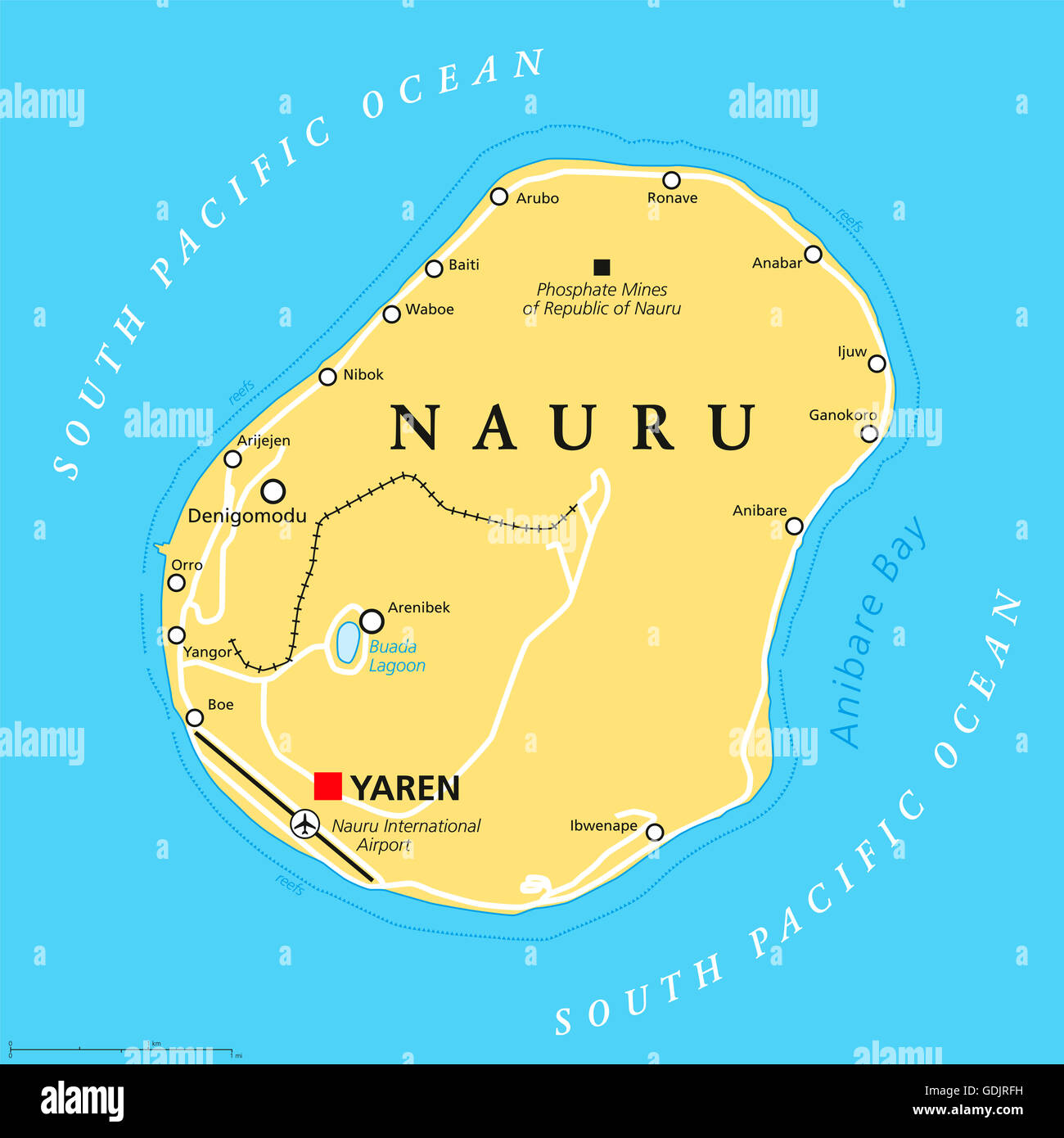 Carte politique de Nauru avec capitale de facto Yaren et d'importants établissements. République en Micronésie dans l'océan Pacifique central. Banque D'Images