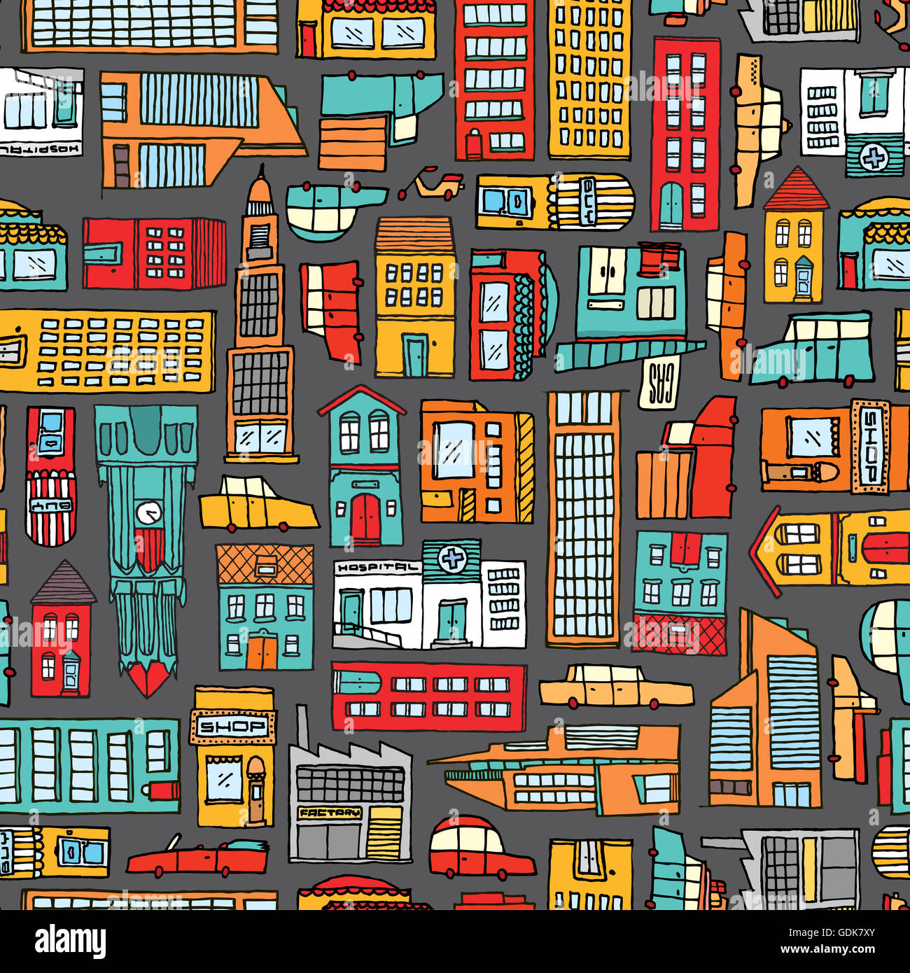 Illustration de dessin animé ou de fond urbain ville colorée transparente motif Banque D'Images