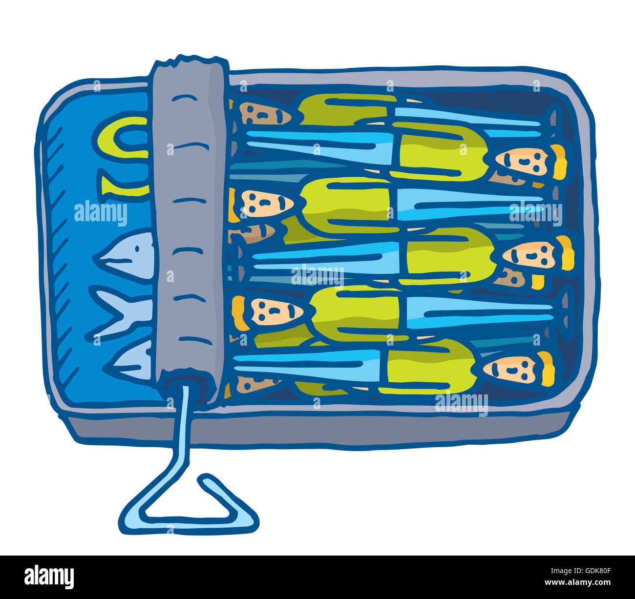 Cartoon illustration de personnes à l'étroit dans de petites sardines peuvent Banque D'Images