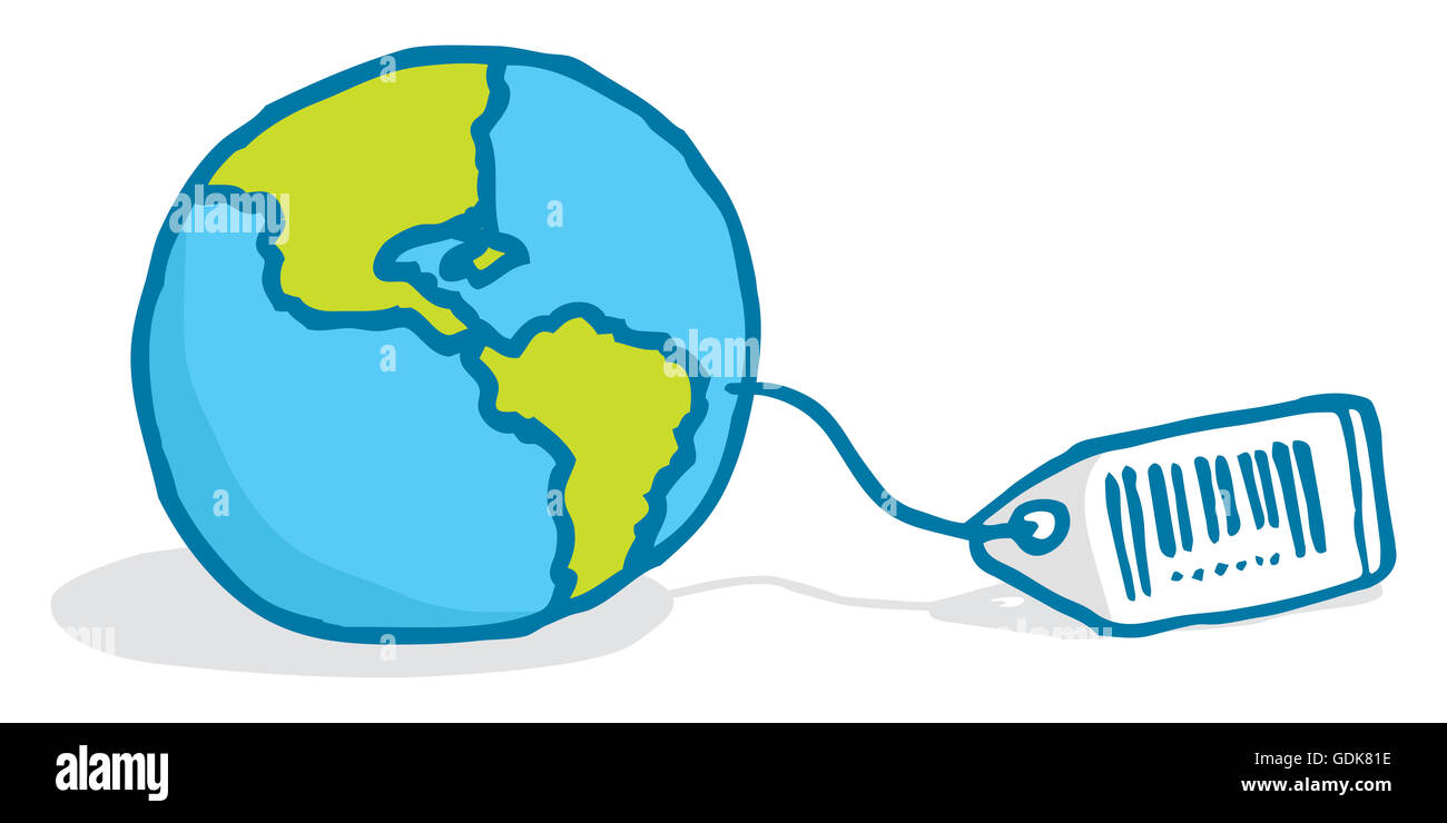 Cartoon illustration de la planète terre avec étiquette de prix prêt à être vendu Banque D'Images