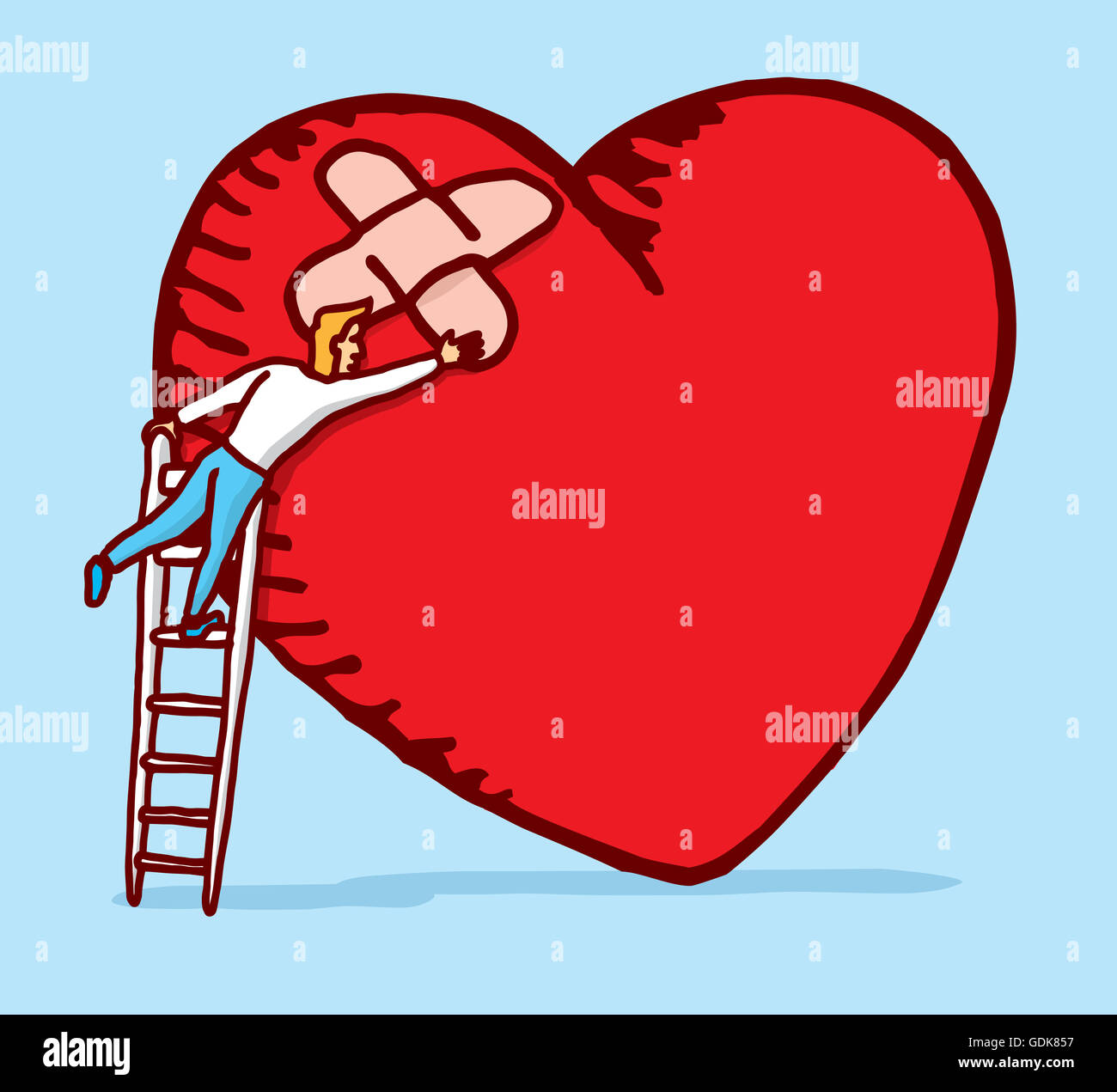 Cartoon illustration de l'homme d'un correctif à un coeur avec bandages adhésifs Banque D'Images