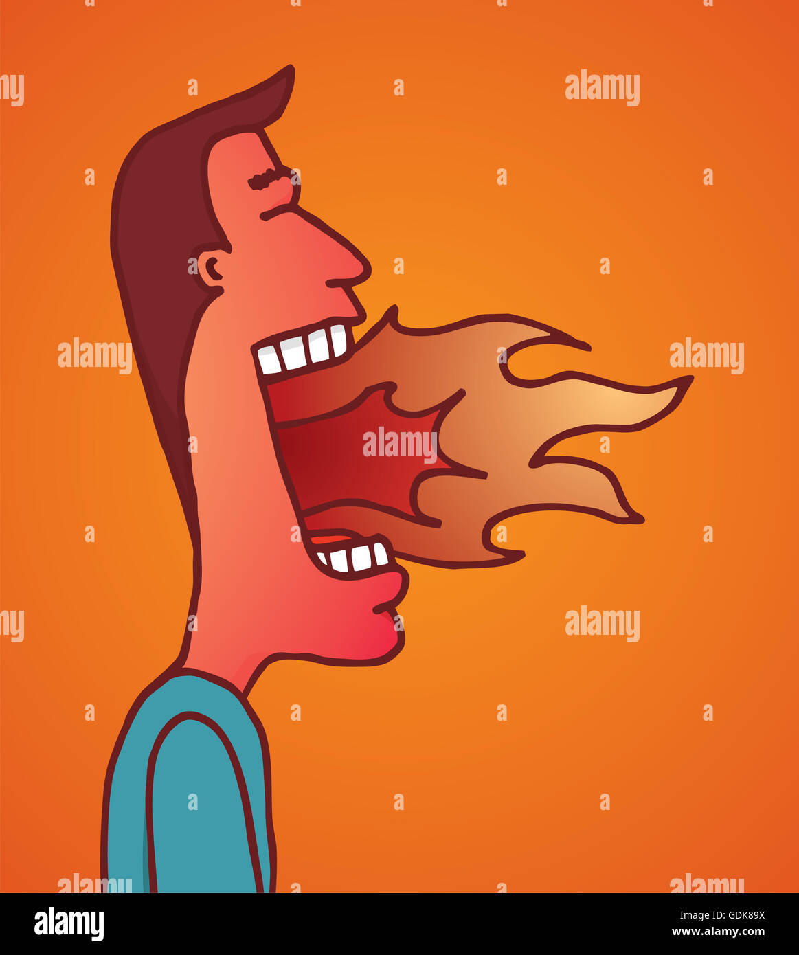 Cartoon illustration de l'homme avec la bouche en feu après avoir mangé la nourriture épicée ou Cartoon illustration de l'homme avec la bouche en feu après avoir mangé la nourriture épicée ou
