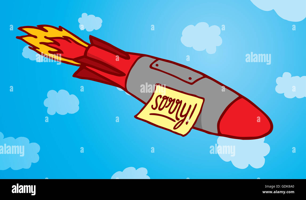 Cartoon illustration d'un missile volant avec drôle de message d'excuses ou désolé note jointe Banque D'Images