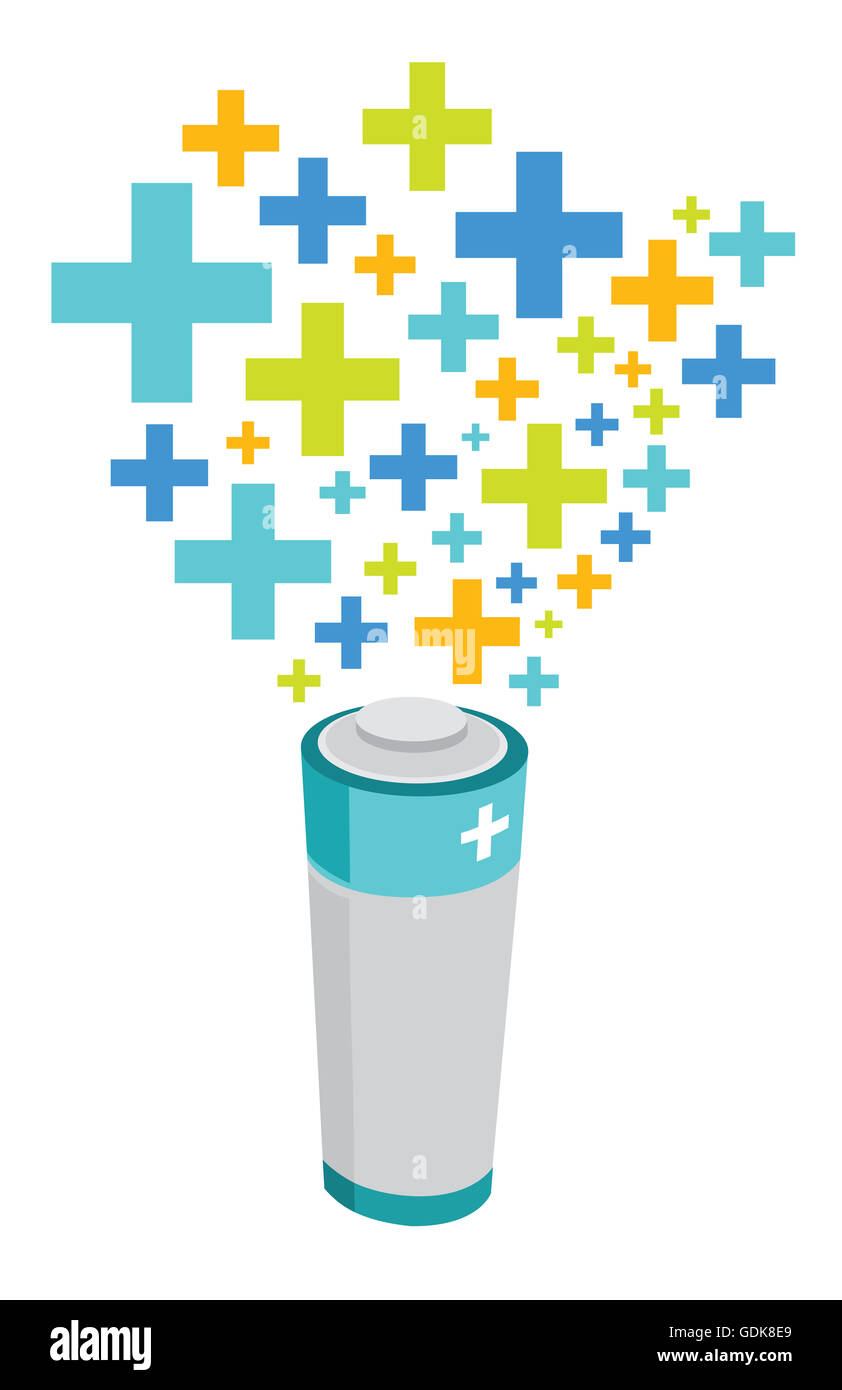 Cartoon illustration d'une batterie avec des signes plus d'énergie positive Banque D'Images