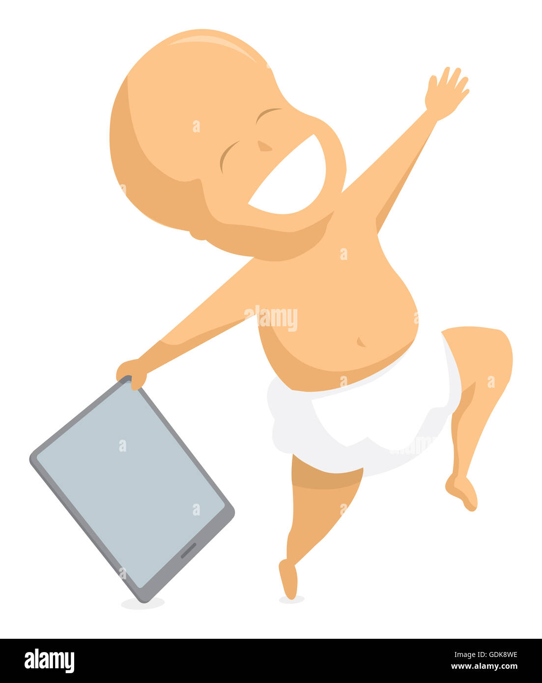 Cartoon illustration d'un bébé heureux with digital tablet Banque D'Images