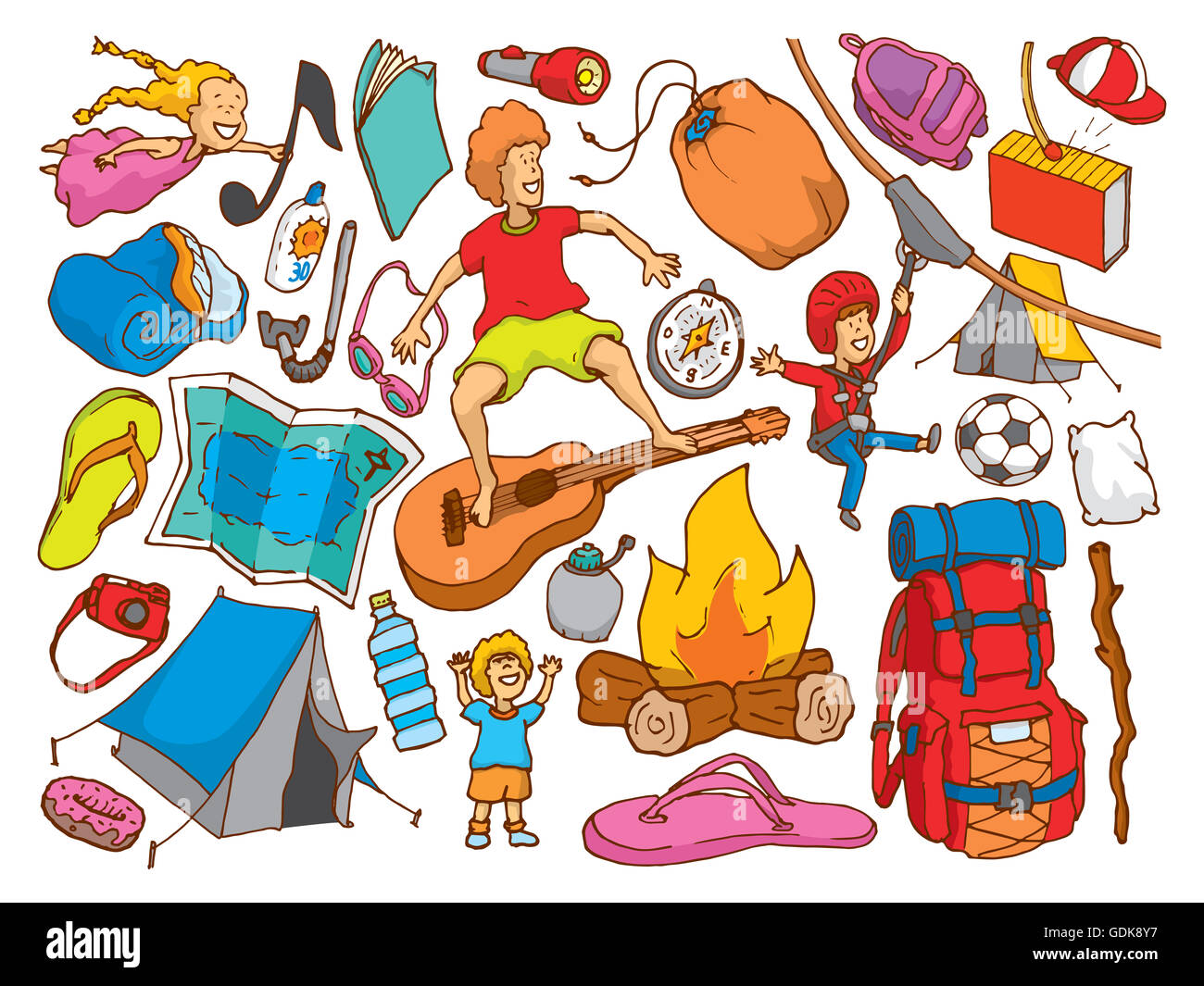 Cartoon illustration de fond texture camp d'enfants et d'objets Banque D'Images