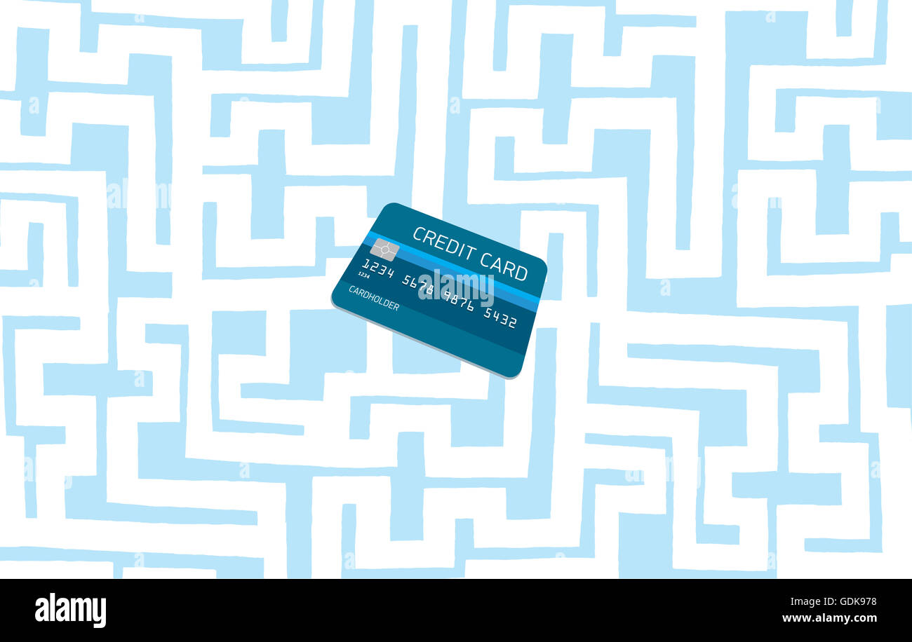 Cartoon illustration de carte de crédit cachés lightbulb sur labyrinthe complexe Banque D'Images