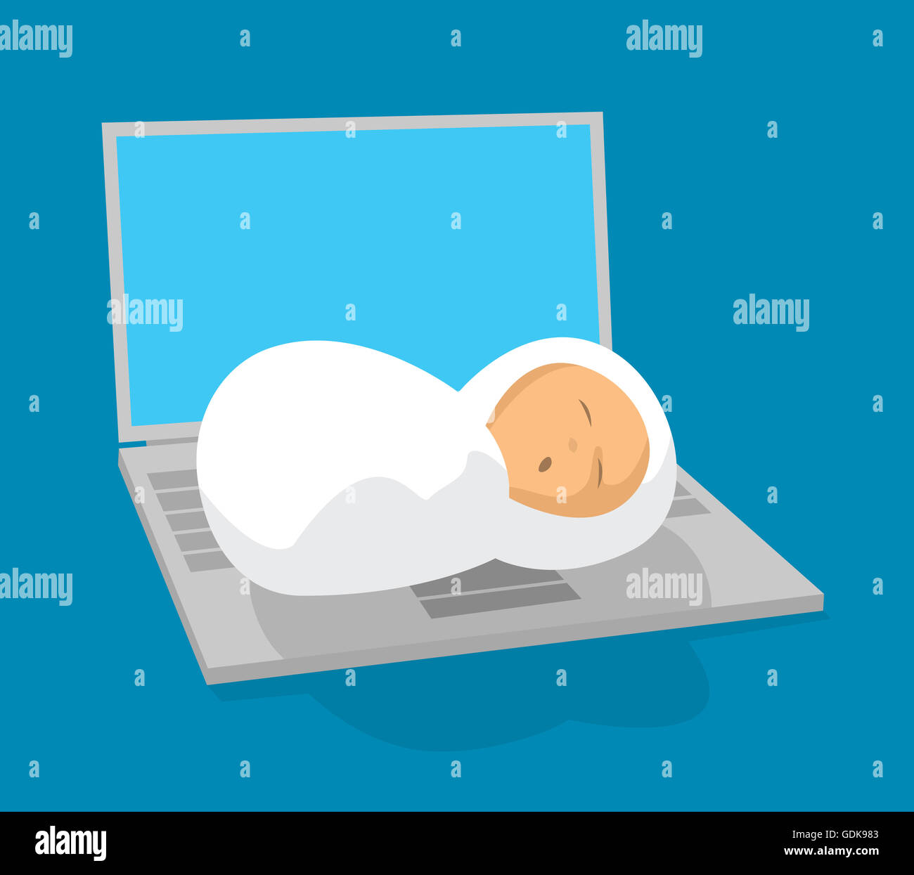 Cartoon illustration of newborn baby sleeping on laptop Banque D'Images