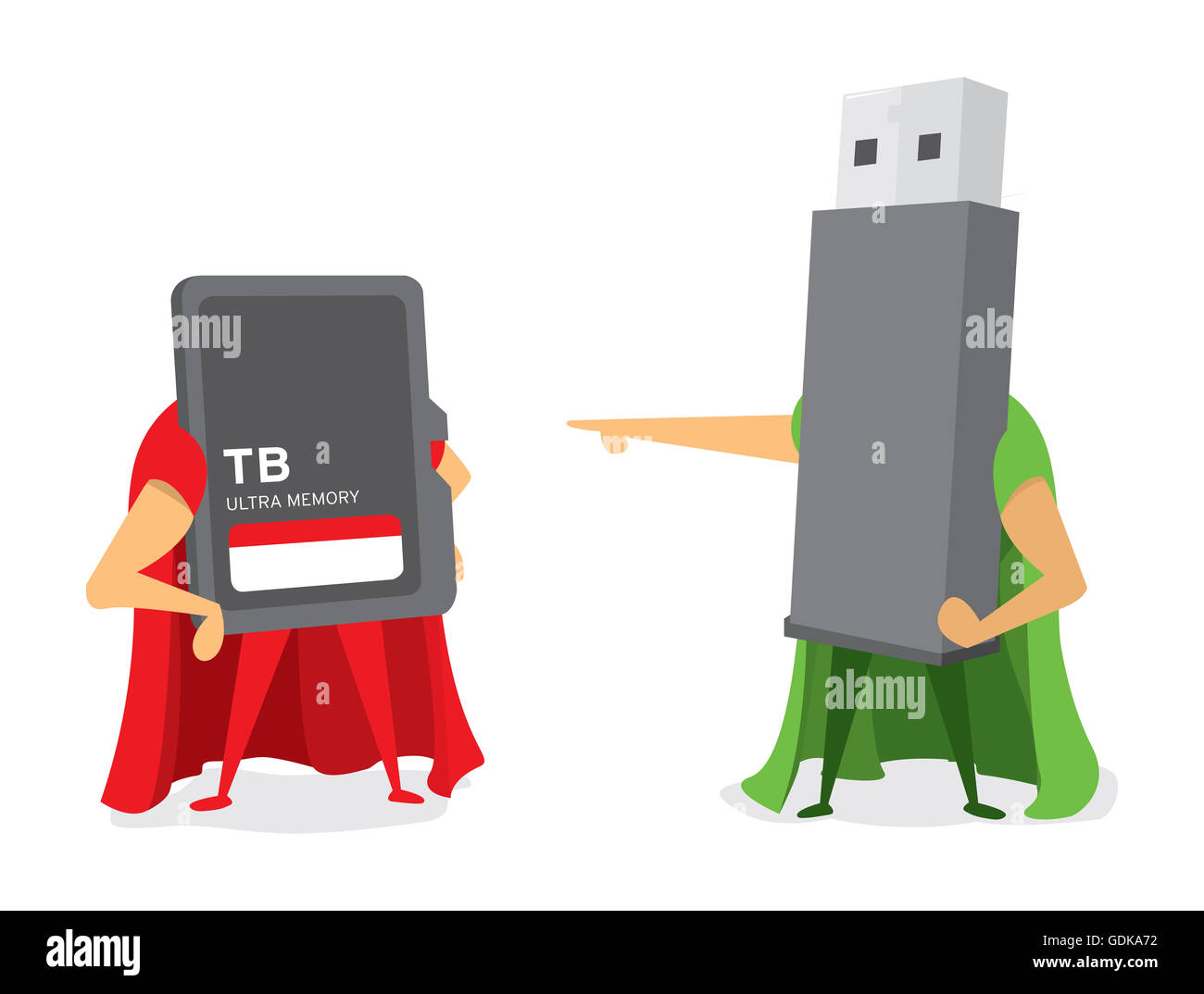 Cartoon illustration de la bataille entre la technologie et la carte mémoire flash Banque D'Images