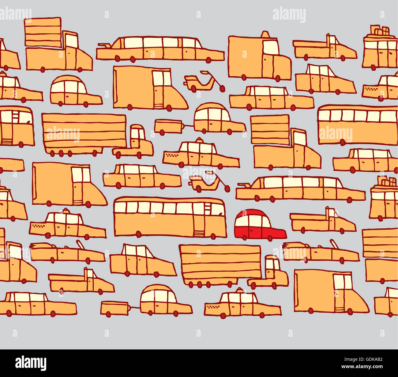 Cartoon illustration d'une voiture rouge se faire remarquer dans le trafic jaune Banque D'Images