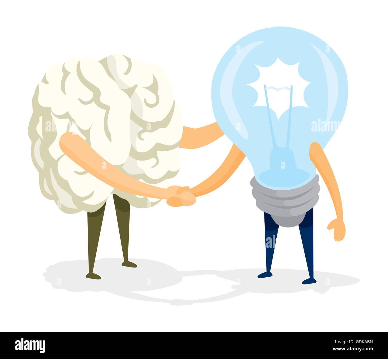 Cartoon illustration de poignée de main amicale entre le cerveau et l'idée Banque D'Images