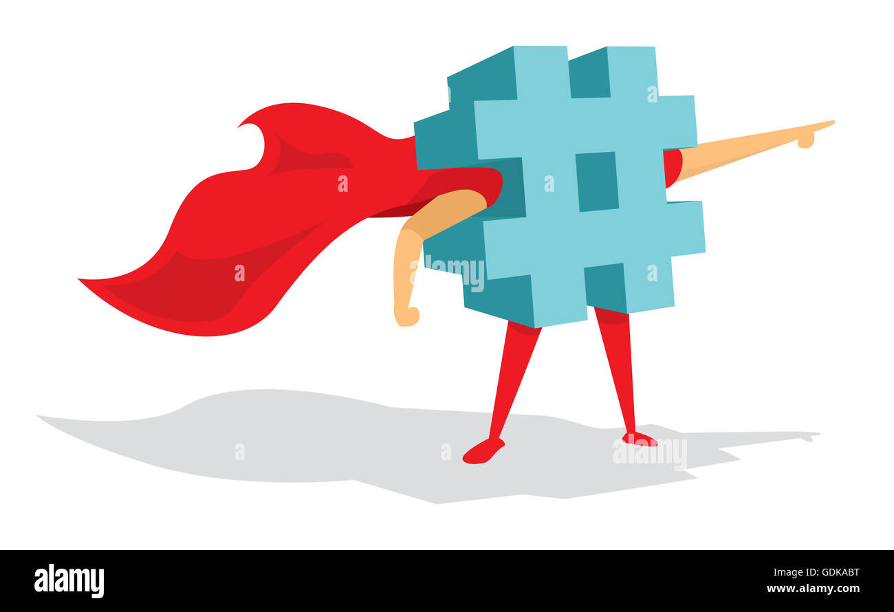 Cartoon illustration de hashtag super debout avec cape Banque D'Images