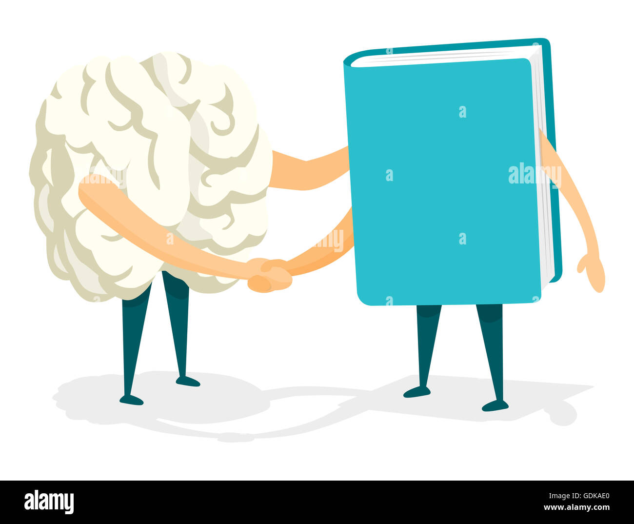 Cartoon illustration de poignée de main amicale entre cerveau et livre Banque D'Images