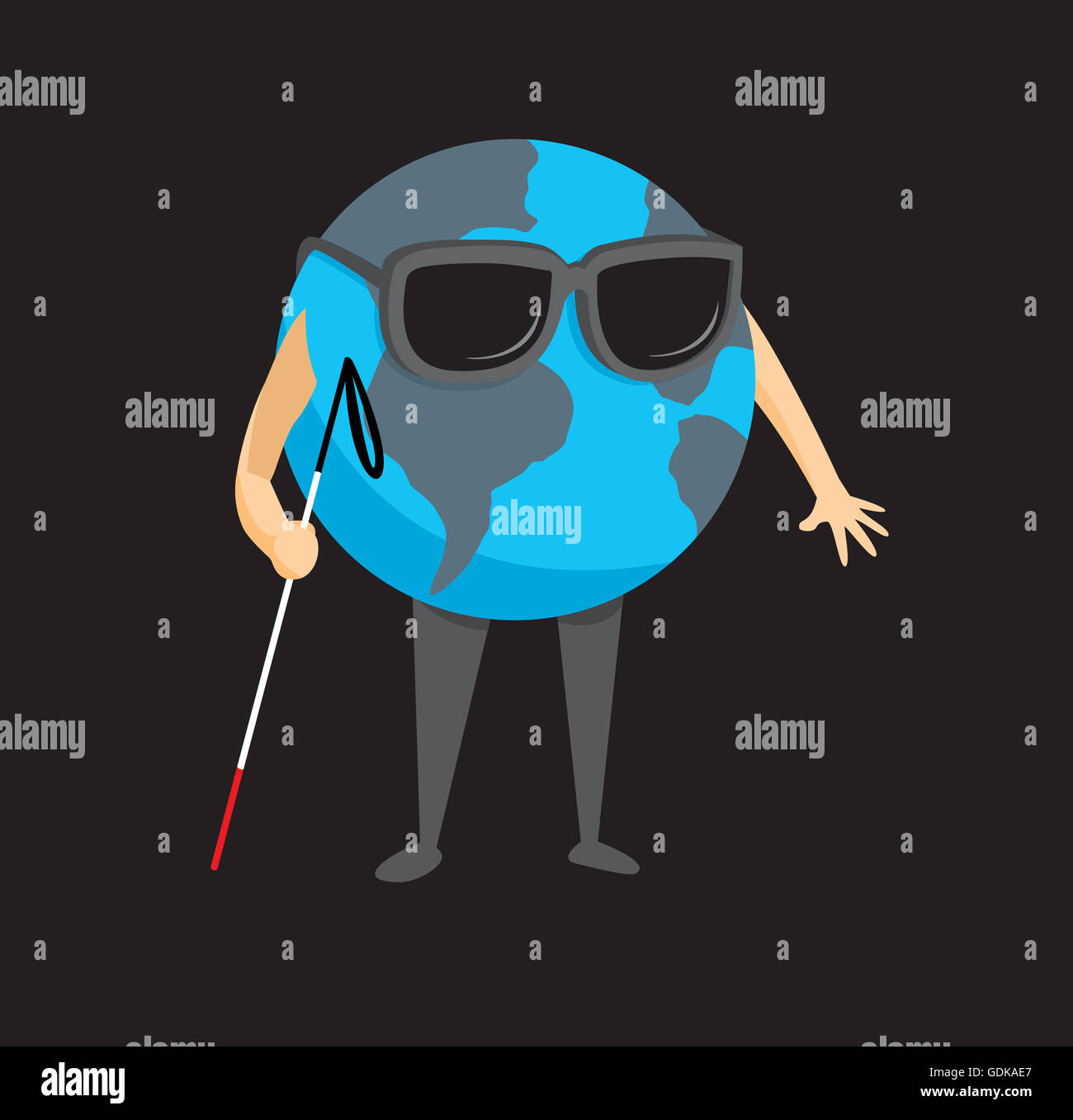 Cartoon illustration de la planète terre aveugle tenant une canne à sucre Banque D'Images