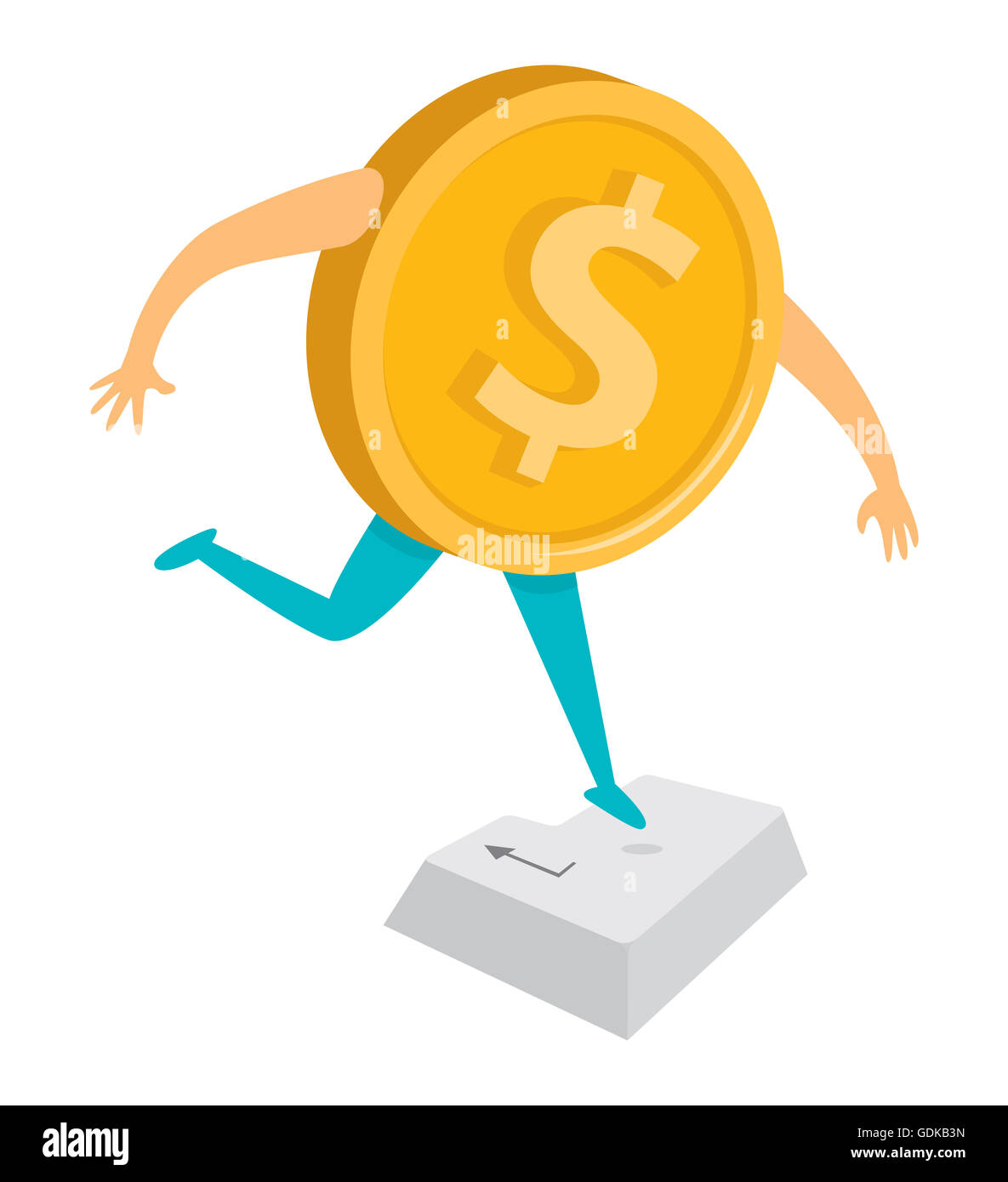 Cartoon illustration de pièce d'un dollar en appuyant sur retour ou la touche entrée Banque D'Images