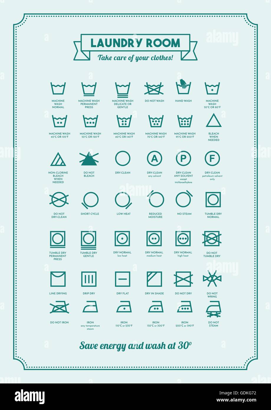 Blanchisserie et lavage des vêtements de symboles avec l'affiche de textes Illustration de Vecteur