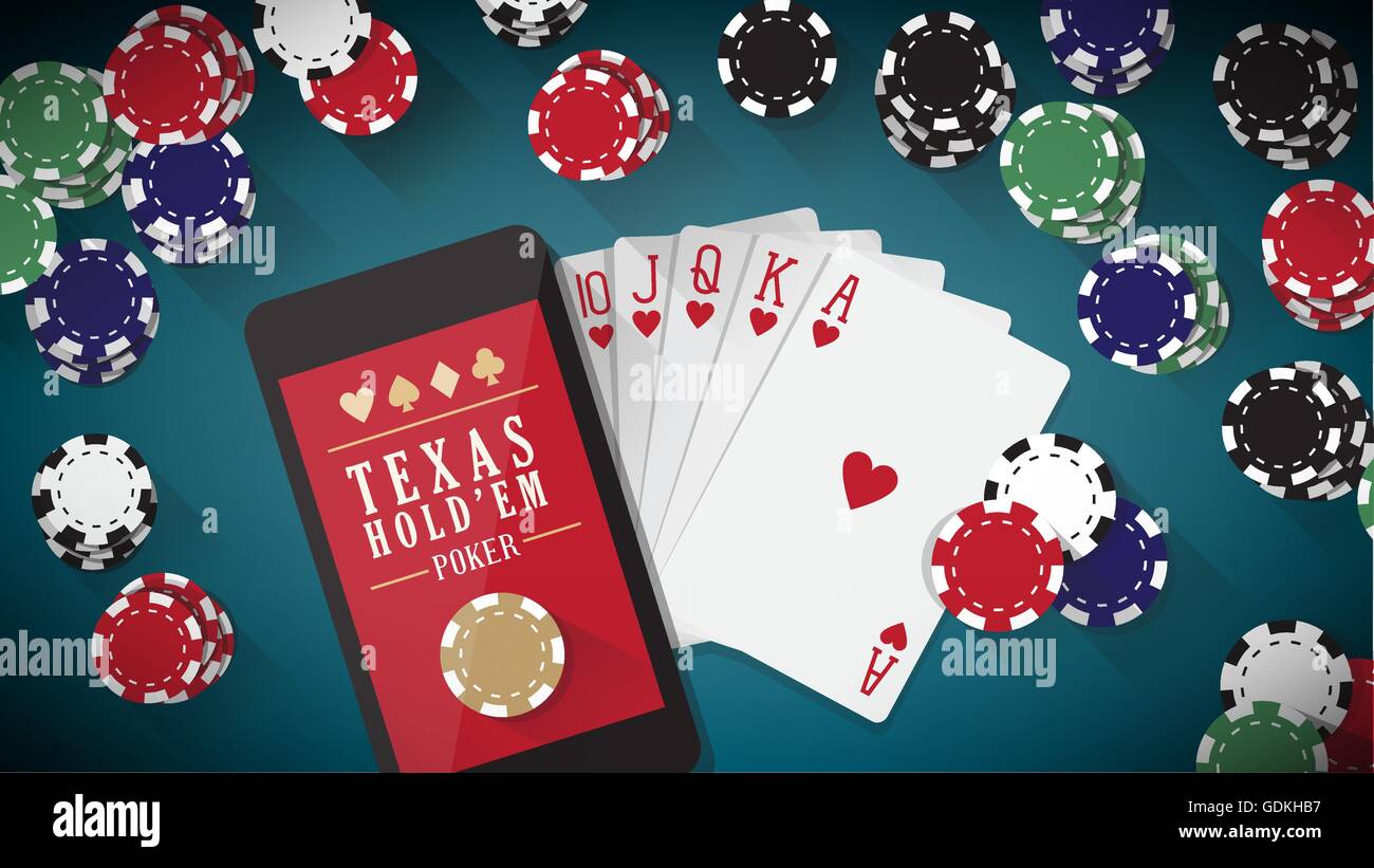 L'application de poker en ligne avec la main de toucher sur l'écran tactile Tablet, smart phone, cartes et puces tout autour de Illustration de Vecteur