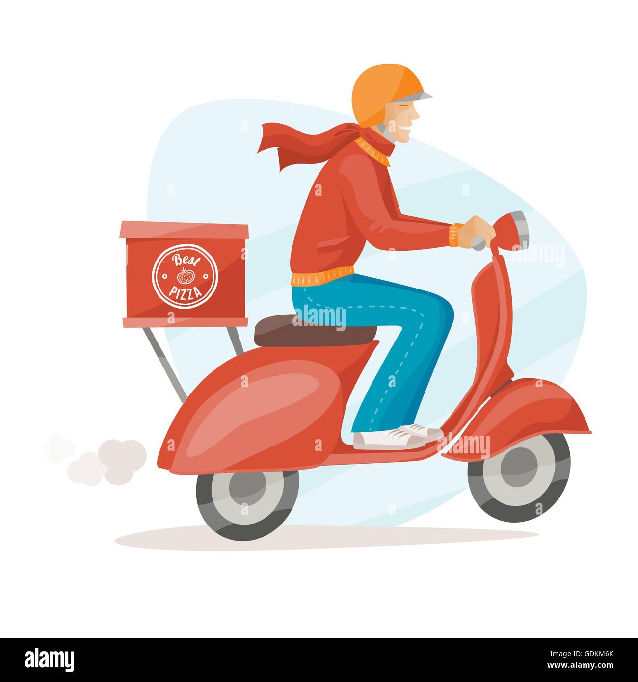 Livraison de pizza guy au travail sur un scooter rouge Illustration de Vecteur