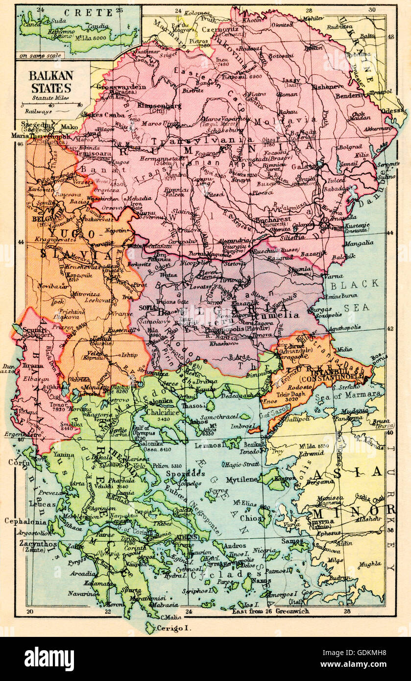 Carte de 1930 des États des Balkans. Banque D'Images Carte de 1930 des États des Balkans. Banque D'Images