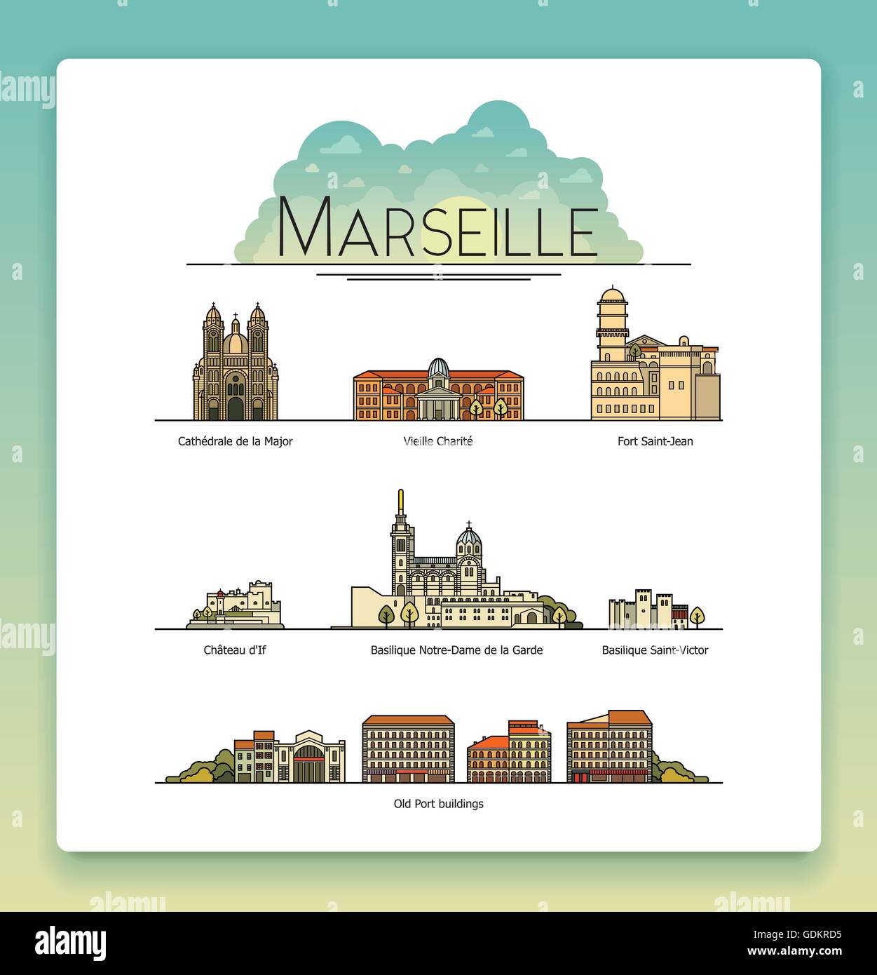 Vector art ligne Marseille, France, voyage landmarks et architecture icon set. Destinations touristiques les plus populaires, des rues, des cathédrales, des bâtiments, des symboles de la ville Illustration de Vecteur