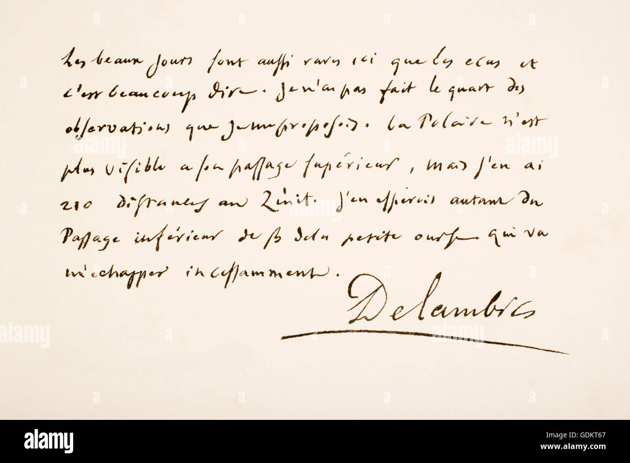 Chevalier, Jean Baptiste Joseph Delambre, 1749 - 1822. Mathématicien et astronome français. Échantillon d'écriture à la main. Banque D'Images