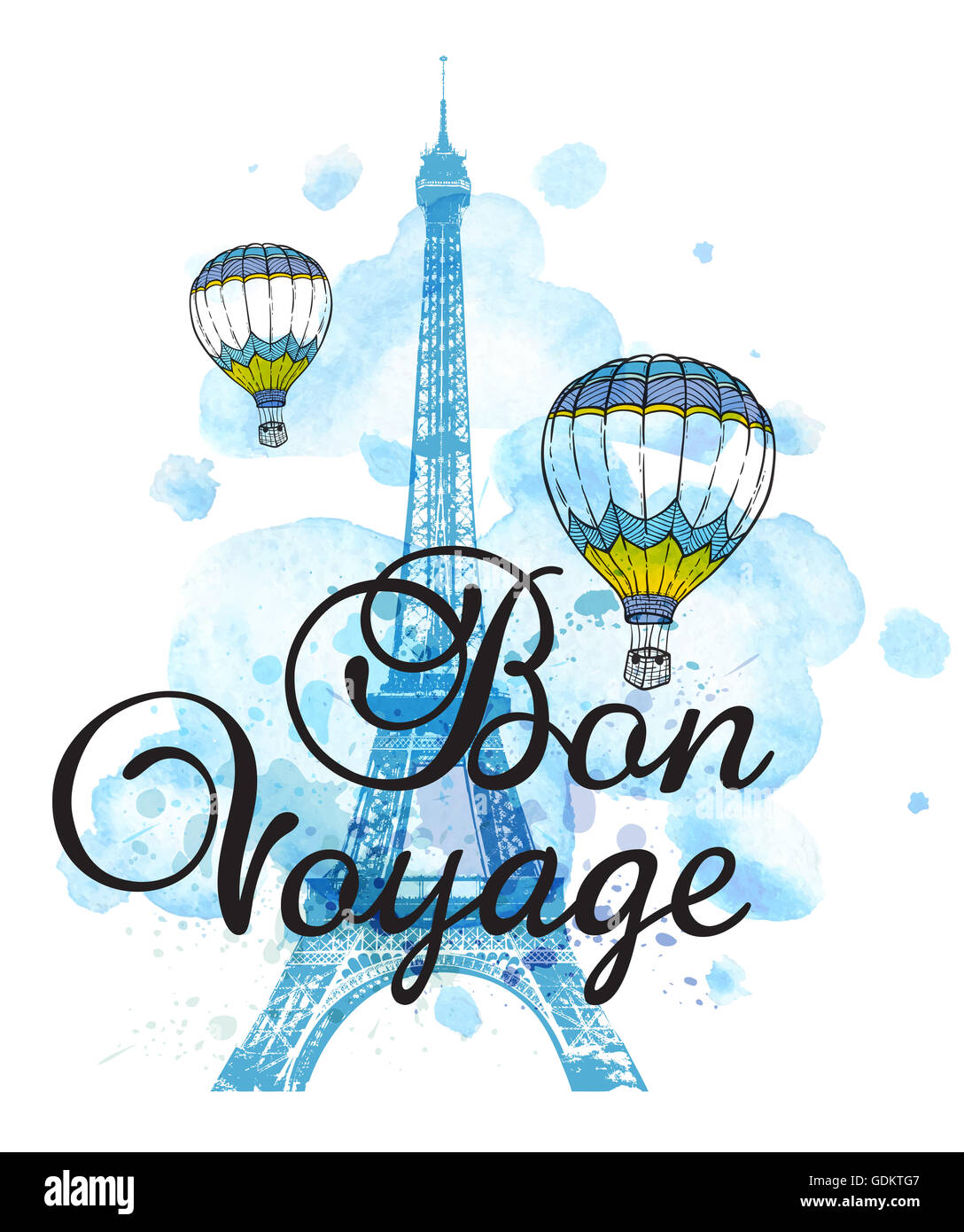 La Tour Eiffel et de l'air bleu ballons sur un fond d'aquarelle. Billet d'arrière-plan avec 'Bon voyage' lettrage. Banque D'Images