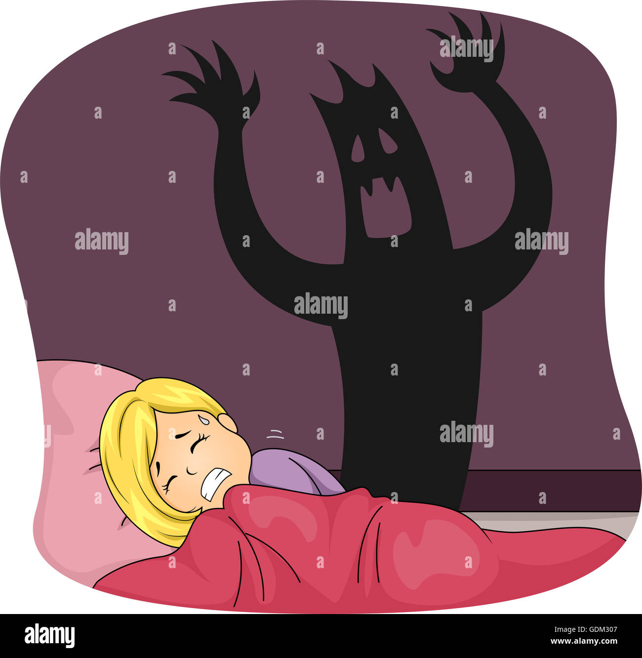 Illustration d'une petite fille ayant un cauchemar pendant le sommeil Banque D'Images