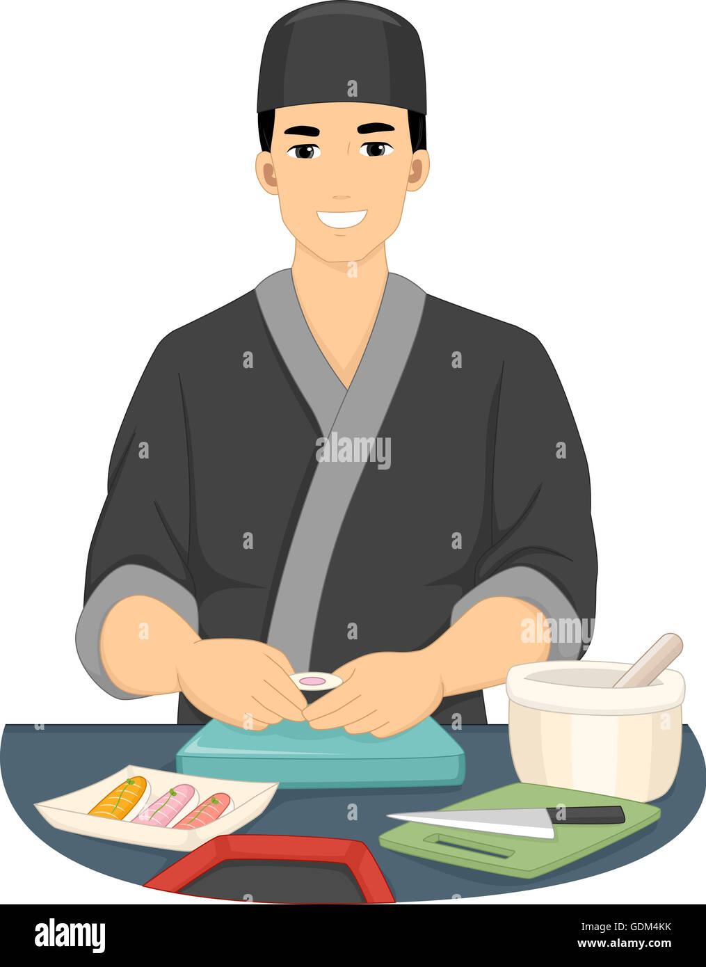 Illustration d'un male Chef en Kimono La préparation de Sushi Banque D'Images