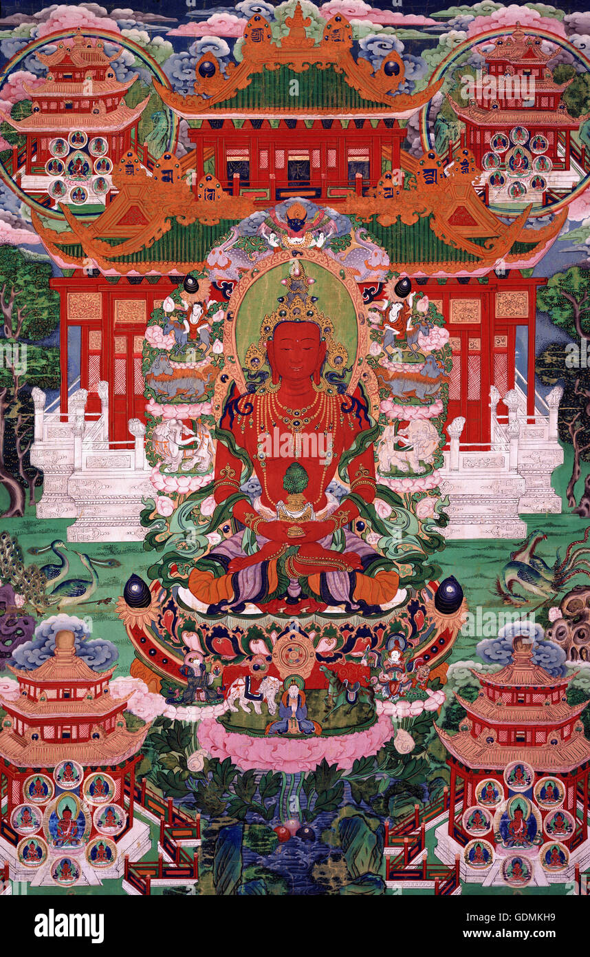 Bouddha Amitayous dans sa Terre Pure Banque D'Images