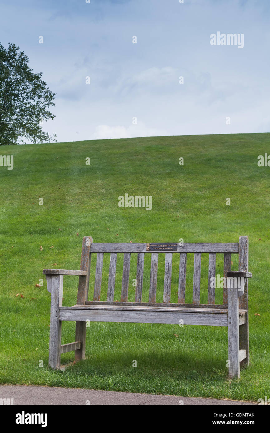 Banc en bois vide. Colline avec une herbe verte à l'arrière-plan. Ciel nuageux. Meijer Garden à Grand Rapids, Michigan, United States Banque D'Images