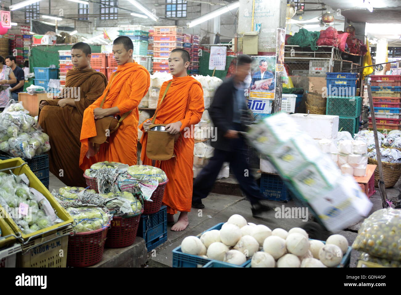 Le moine au Talat Warorot dans la ville de Chiang Mai dans le nord de la Thaïlande en Southeastasia. Banque D'Images