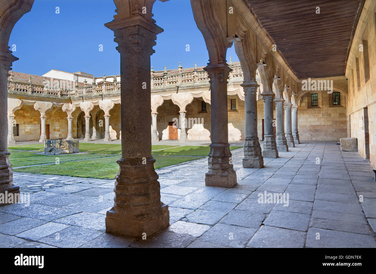Salamanque, Espagne, Avril 18, 2016 : - l'atrium du patio baroque de l'Escuelas Menores - Université de Salamanque. Banque D'Images