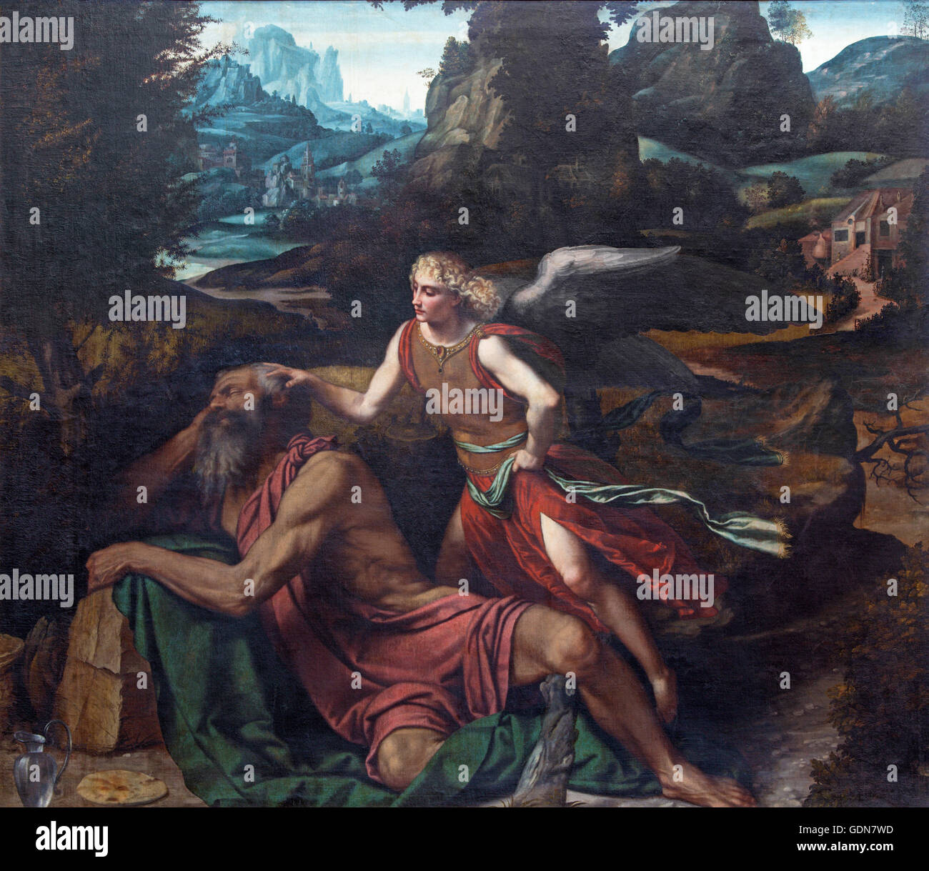 BRESCIA, ITALIE - 23 MAI 2016 : la peinture prophète Élie recevant le pain et l'eau d'un Ange Banque D'Images