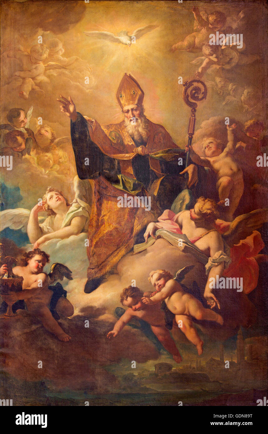 CREMONA, ITALIE - 25 MAI 2016 : la peinture de Saint Benoît dans la gloire dans la région de la cathédrale par Giovanni Angelo Borroni Banque D'Images
