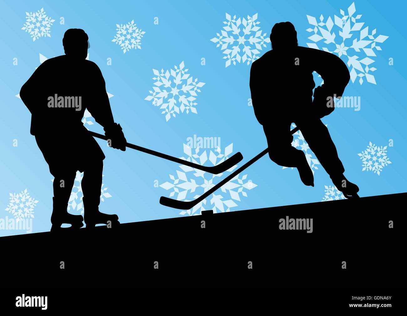 Les jeunes hommes actifs sport les joueurs de hockey sur glace en hiver silhouettes et snowflake abstract background vector illustration Illustration de Vecteur