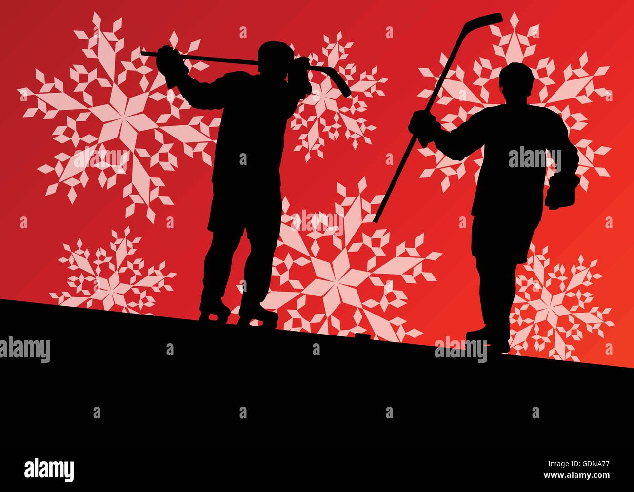 Les jeunes hommes actifs sport les joueurs de hockey sur glace en hiver silhouettes et snowflake abstract background vector illustration Illustration de Vecteur