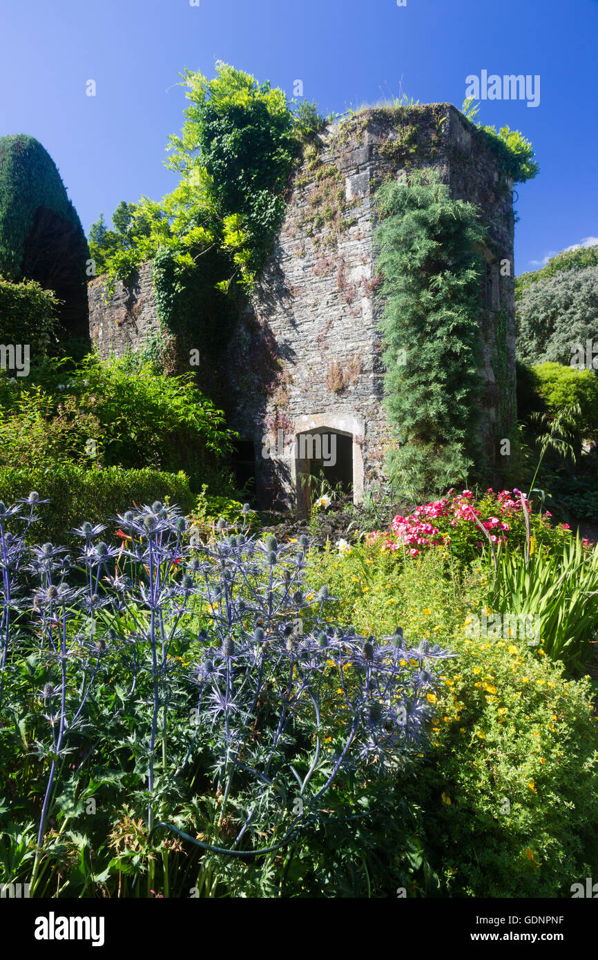 La tour en pierre dans le jardin clos à la maison du jardin, Devon, UK se niche parmi les arbustes et vivaces la plantation riche Banque D'Images La tour en pierre dans le jardin clos à la maison du jardin, Devon, UK se niche parmi les arbustes et vivaces la plantation riche Banque D'Images