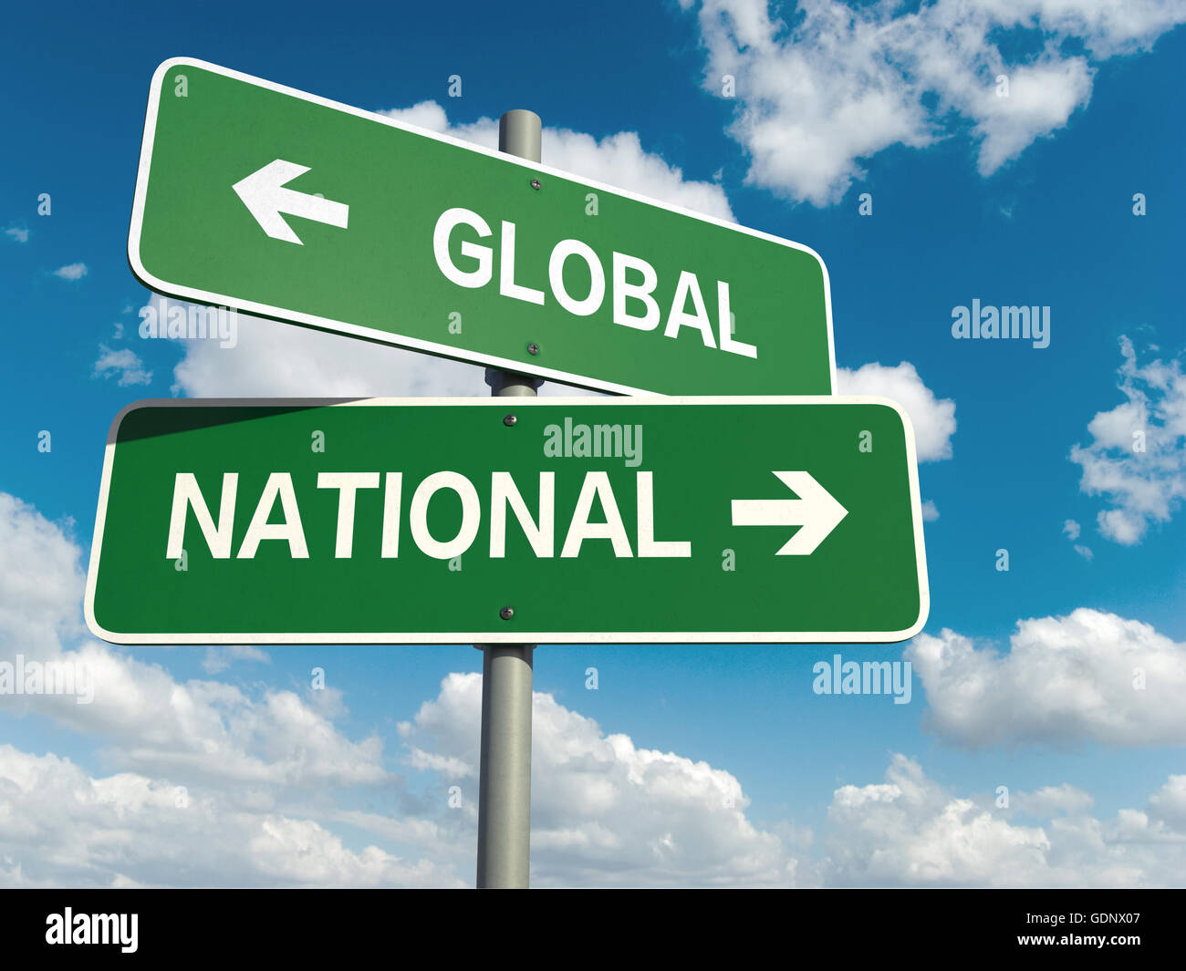 Un panneau routier avec global national mots sur fond de ciel Banque D'Images
