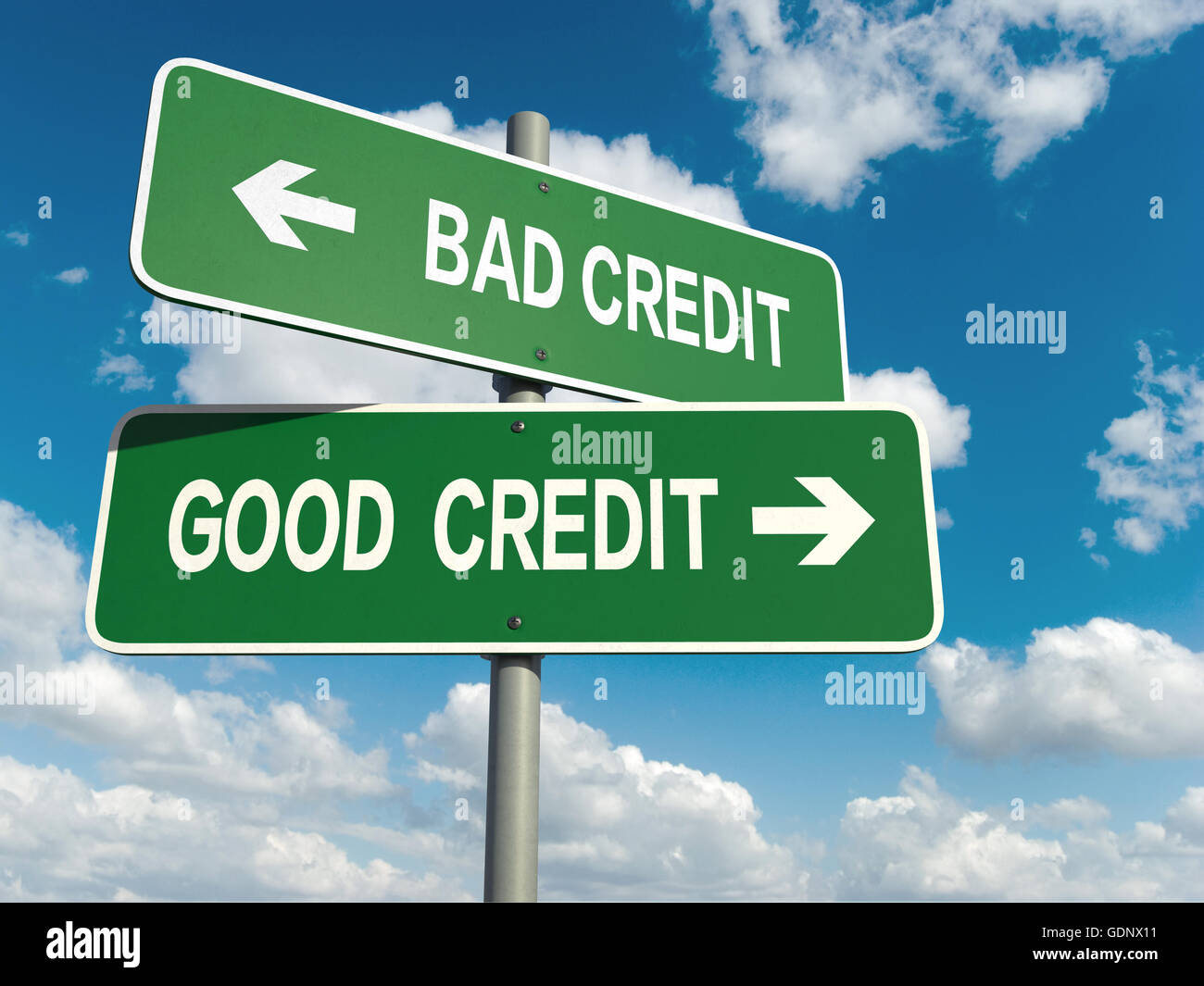 Un panneau routier avec une mauvaise cote de crédit un bon crédit mots sur fond de ciel Banque D'Images