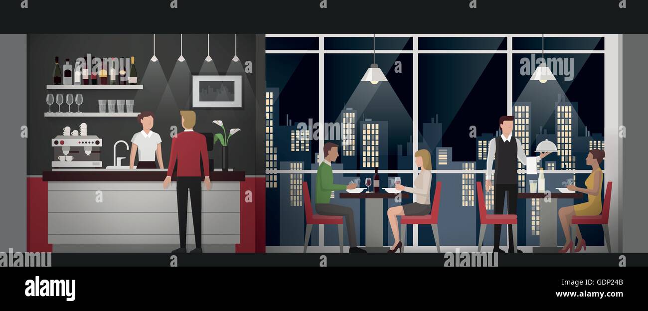 Les personnes ayant un dîner exclusif au restaurant sur le toit de la nuit, la vie nocturne et concept de luxe Illustration de Vecteur