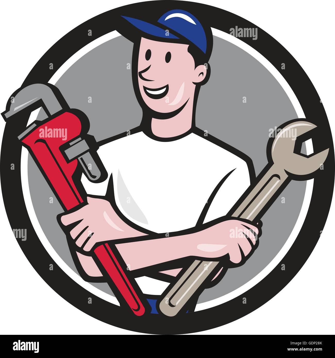Illustration d'un réparateur handyman worker wearing hat holding spanner et bâtons à la recherche sur le côté vue de l'avant Illustration de Vecteur