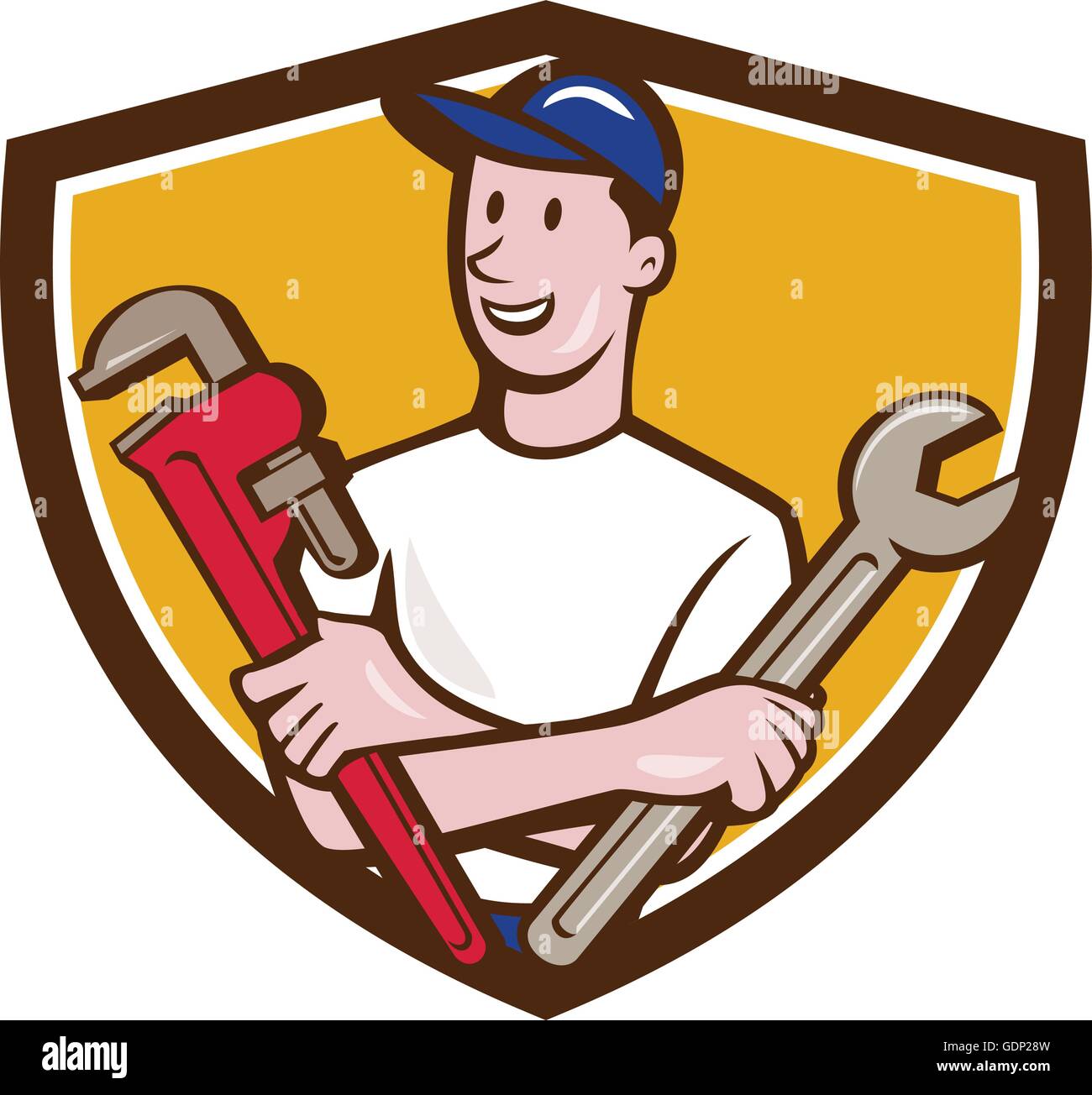 Illustration d'un réparateur handyman worker wearing hat holding spanner et bâtons à la recherche sur le côté vue de l'avant Illustration de Vecteur
