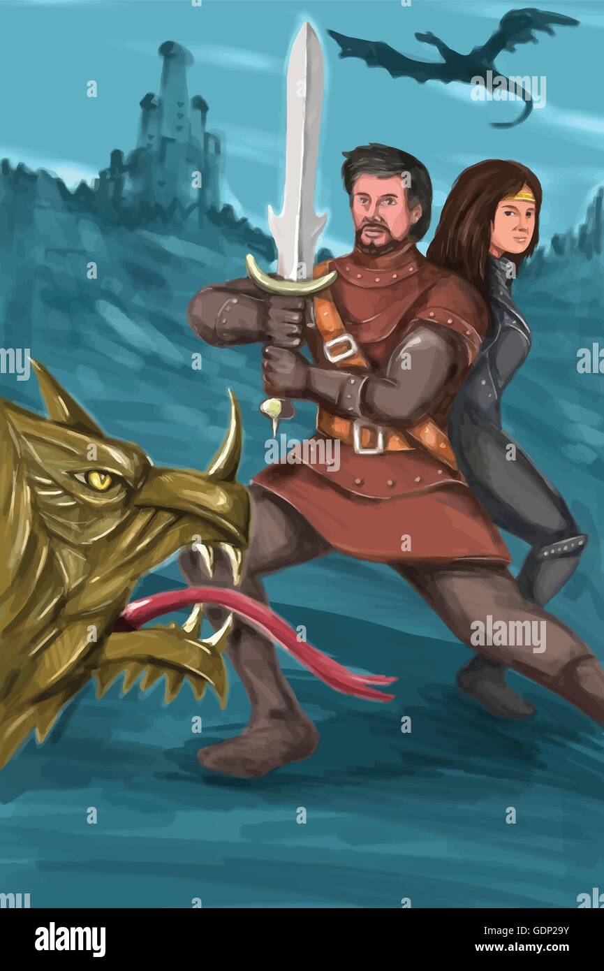 Style aquarelle illustration d'un cavalier ou chevalier brandissant une épée en position de combat avec une princesse derrière lui la lutte contre un dragon mythique dans l'avant-plan et château en arrière-plan. Illustration de Vecteur