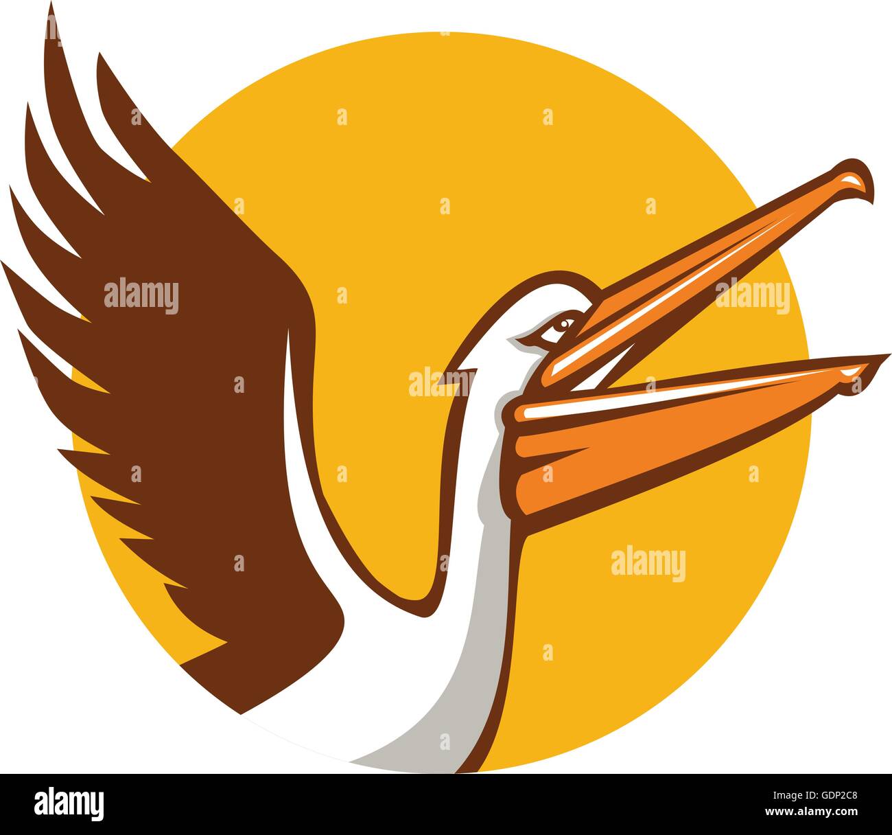 Illustration d'un pelican flying up montrant ses ailes vu du côté situé à l'intérieur du cercle sur fond isolé fait en style rétro. Illustration de Vecteur