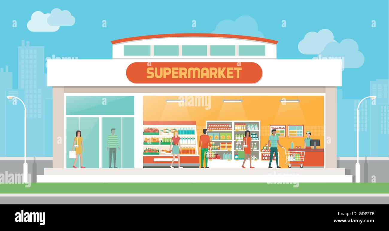 Bâtiment de supermarché et l'intérieur avec les gens qui achètent des produits sur des étagères et panier commander Illustration de Vecteur