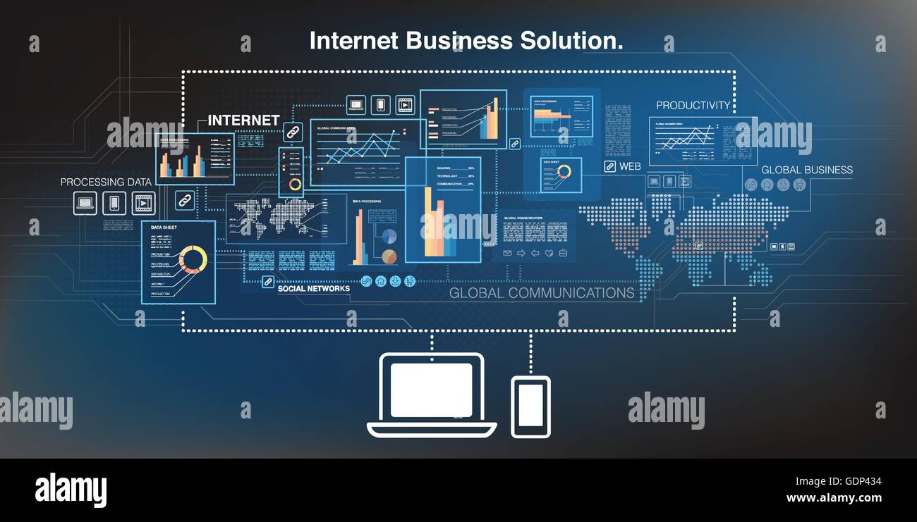 Concept d'affaires en ligne, ordinateur portable et téléphone mobile connecté à internet Illustration de Vecteur
