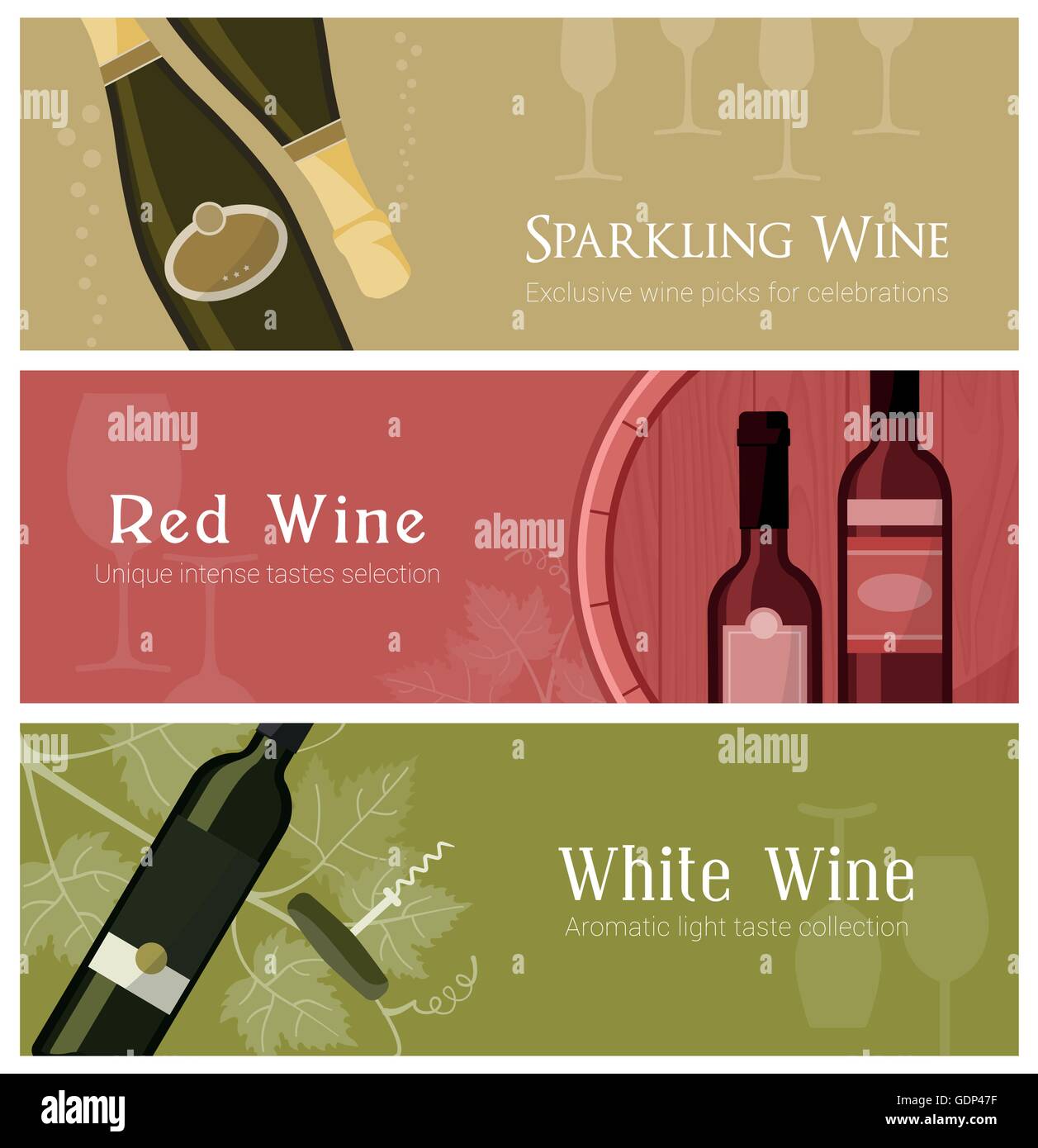 Bannière de vin ensemble avec des verres à vin, bouteilles et le canon, y compris blanc, rouge et mousseux Illustration de Vecteur