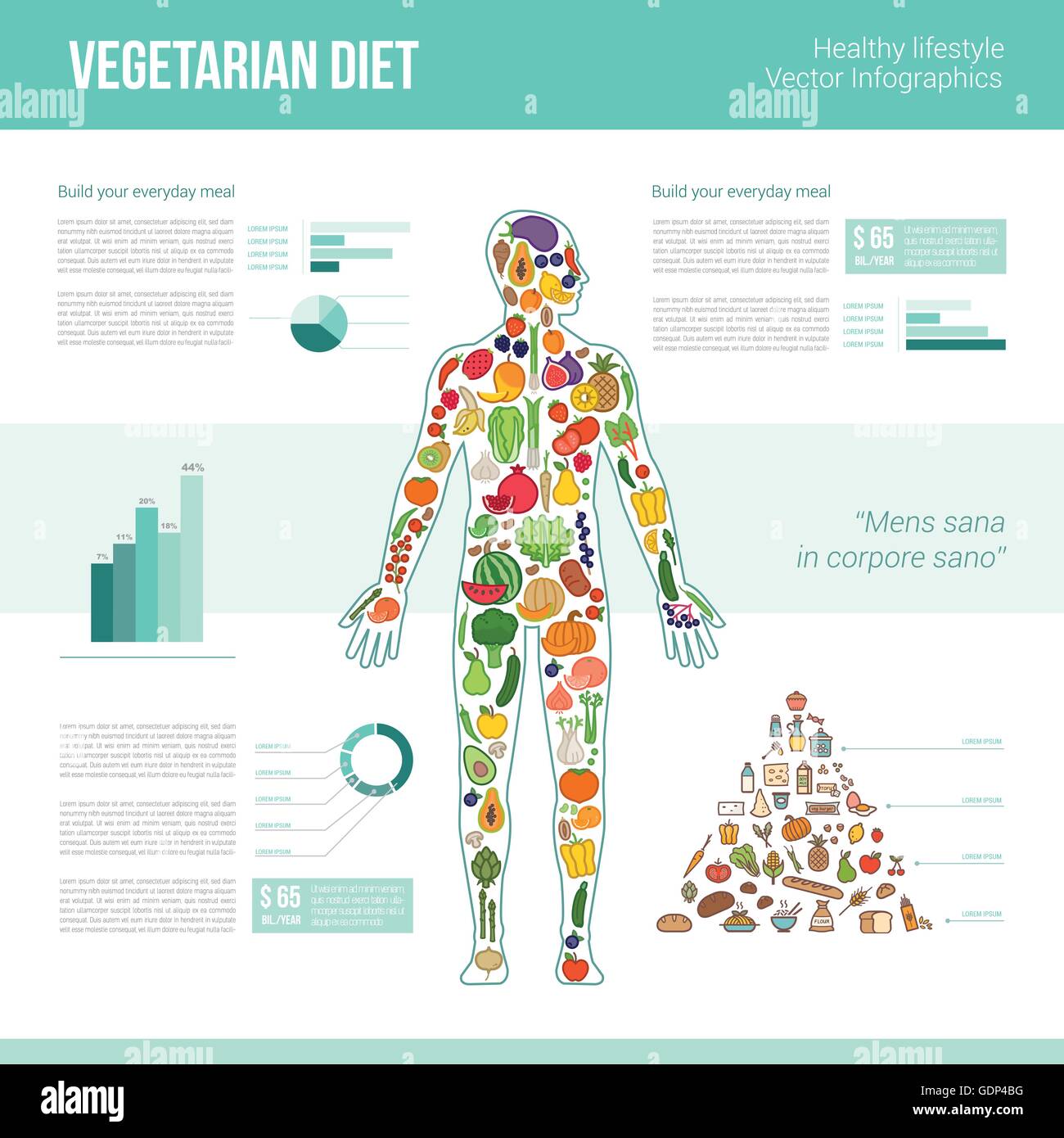 L'alimentation végétarienne des infographies avec corps humain composé de légumes, pyramide alimentaire, textes et graphiques Illustration de Vecteur