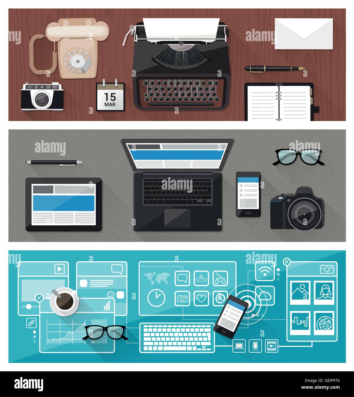 Passé, présent et avenir de la technologie et des appareils, à partir de la machine à écrire à l'ordinateur et écran tactile desktop, la communication d'entreprise Illustration de Vecteur