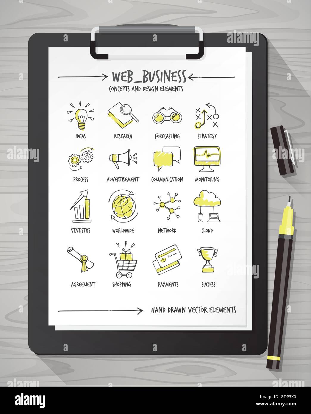 Symbole du web dessiné à la main et les concepts sur une feuille avec le presse-papier et stylo Illustration de Vecteur